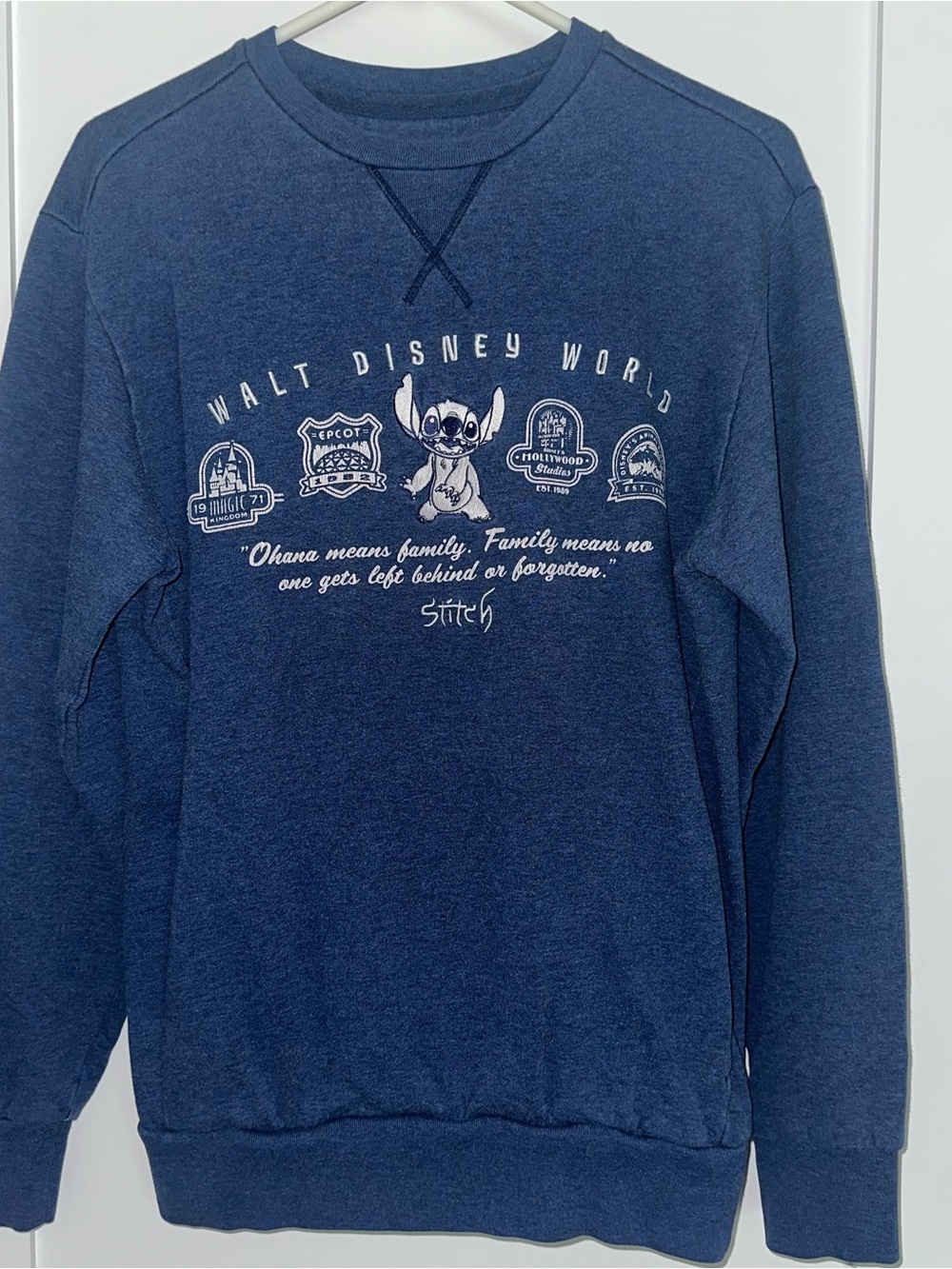 Disney Embroidered Navy Blue & White Stitch Ohana Means Family Sweater & Pockets